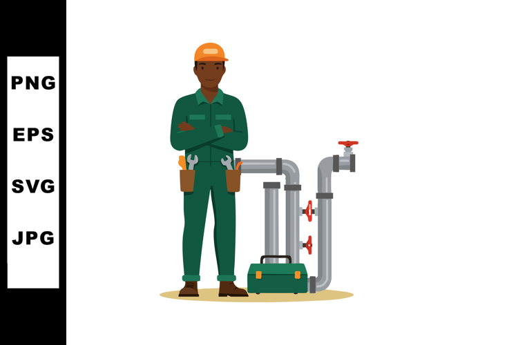 Male plumber standing with crossed arms near industrial plum
