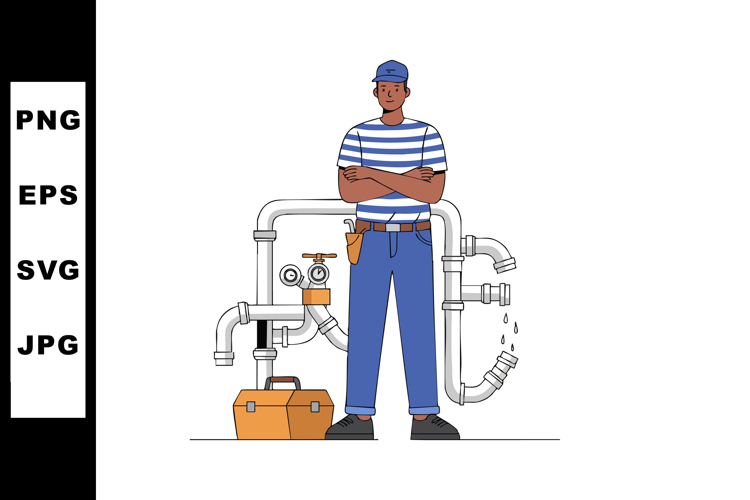 Plumber standing with crossed arms near leaking pipes and to