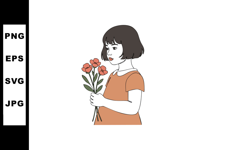 Little girl holding red flowers in orange dress vector illus