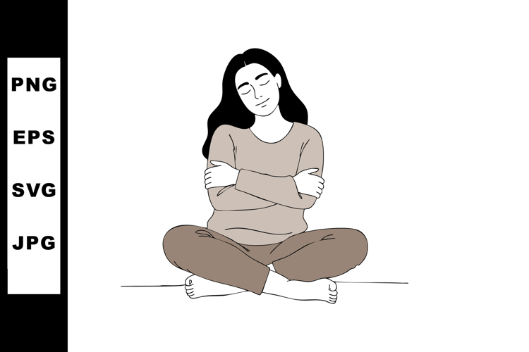 Woman Sitting Cross Legged Hugging Herself with Closed Eyes