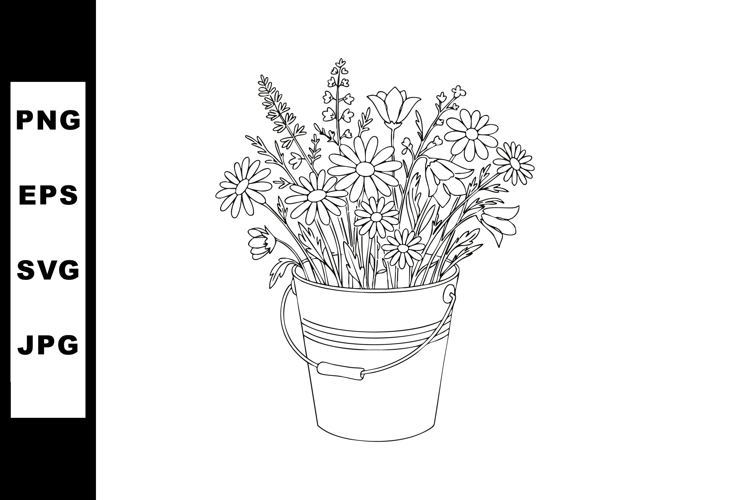 Wildflower bouquet in metal bucket line art vector illustrat example image 1
