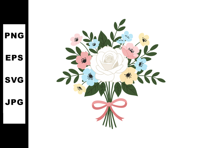 Bouquet of white rose with pastel flowers and green leaves t