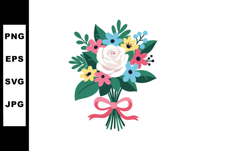Colorful flower bouquet with white rose and pink ribbon vect