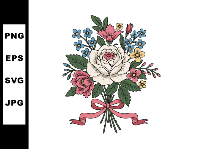 Bouquet of colorful flowers with white rose and pink ribbon