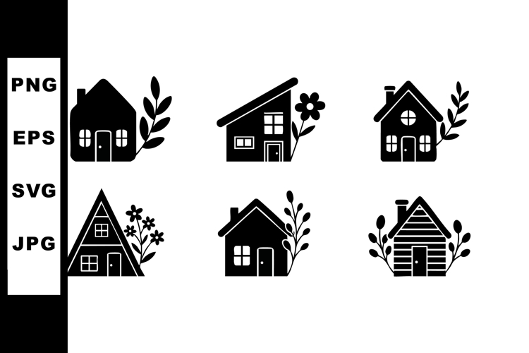 Small cozy house icons with floral elements vector set for d