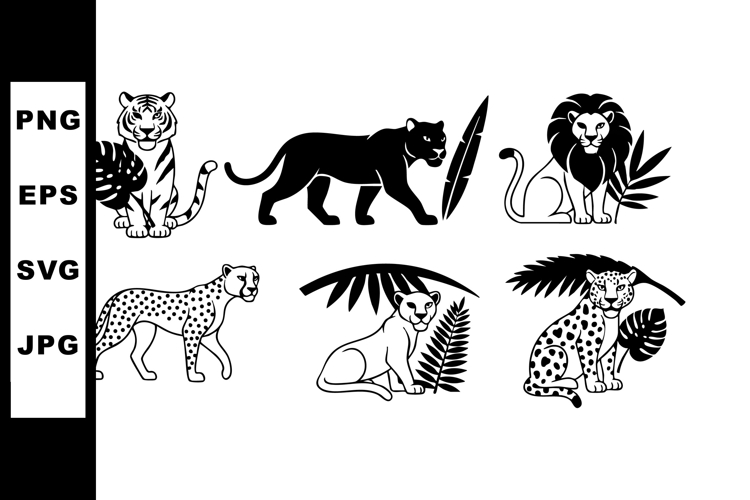 Wild big cats silhouettes with tropical leaves vector illust