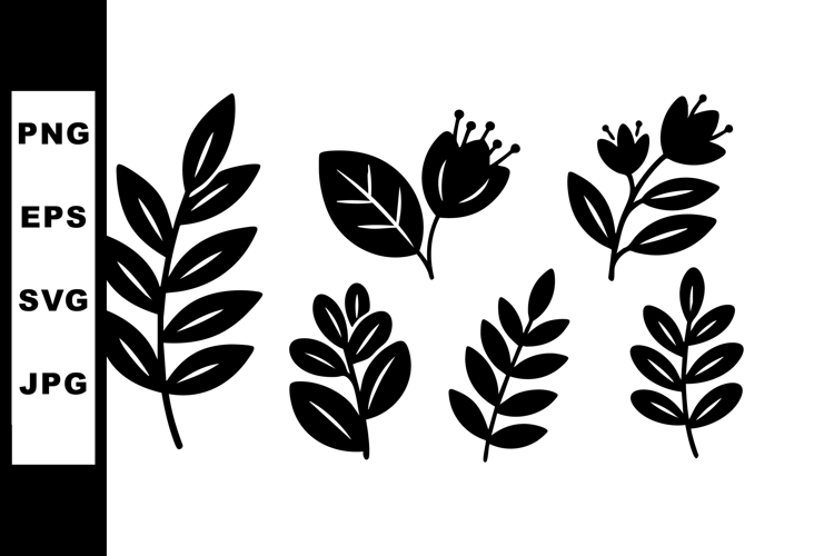 Black silhouette floral leaves and flowers vector set for el