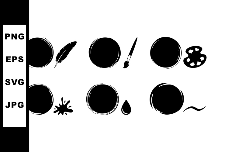 Set of black ink circles with art tools and paint drops vect