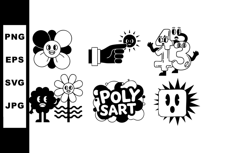 Black and white cartoon flower and sun character vector illu