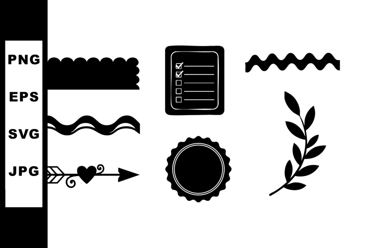 Decorative black vector shapes including checklist, floral b