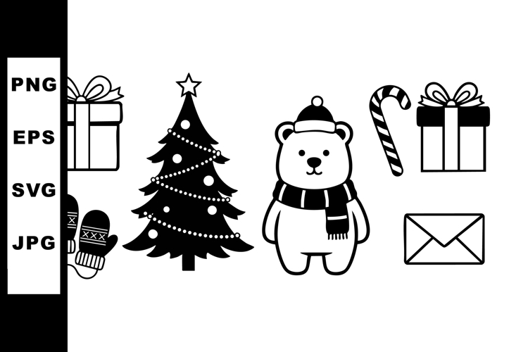 Christmas holiday icons with tree bear gifts mittens candy e