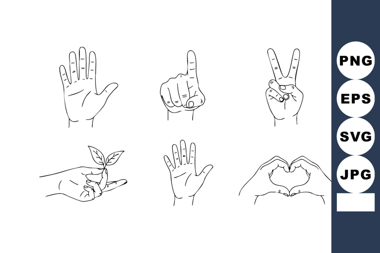 Hand gesture symbols including love heart peace and plant gr