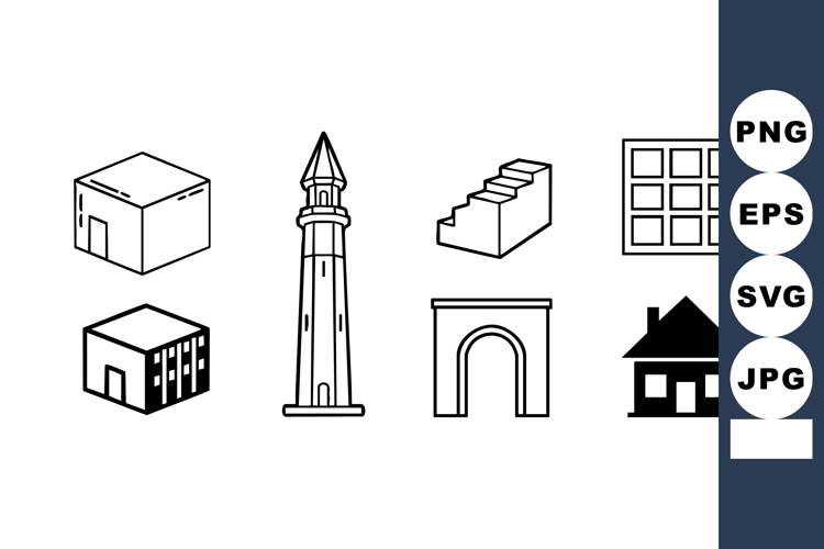 simple black and white building icons including house
