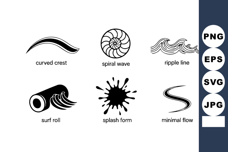 Abstract black wave symbols with curved crest spiral ripple