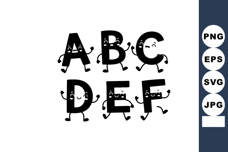 Alphabet letters ABCDEF with playful cartoon arms and legs c