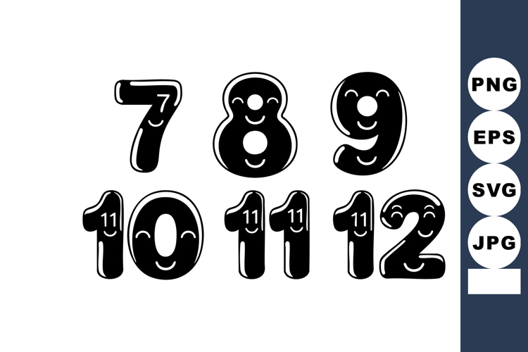 Black glossy numbered digits set seven to twelve with shiny
