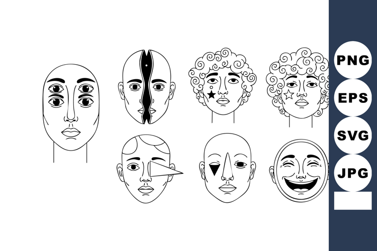 Abstract faces line art collection with diverse emotions and