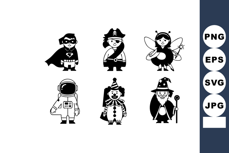 Cute black and white children costume vector icons with supe