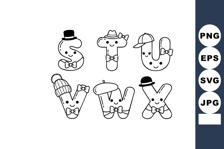 Alphabet letters S T U V W X with cute faces and accessories