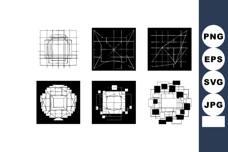 Abstract geometric shapes with grid lines and squares in bla