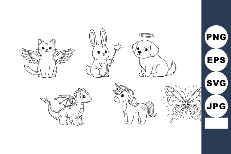 Cute fantasy animals with wings and halo including cat rabbi