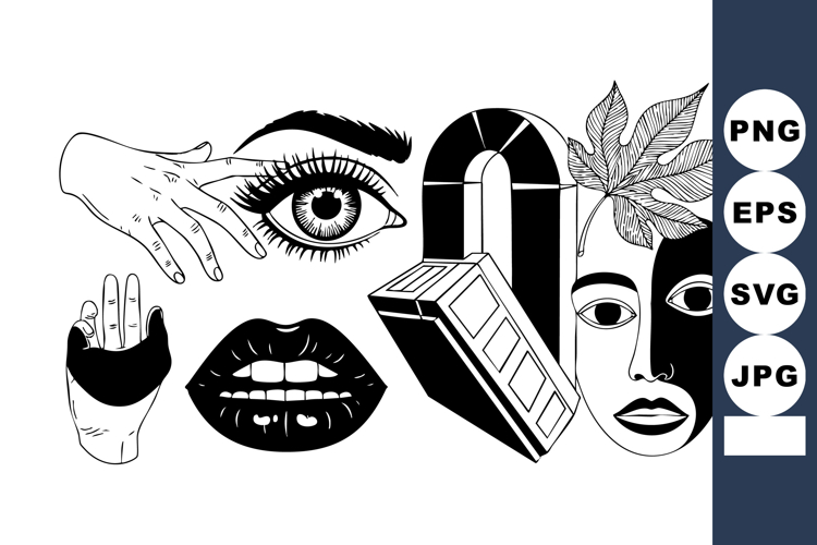 Surreal abstract vector art with human face eye lips hand an