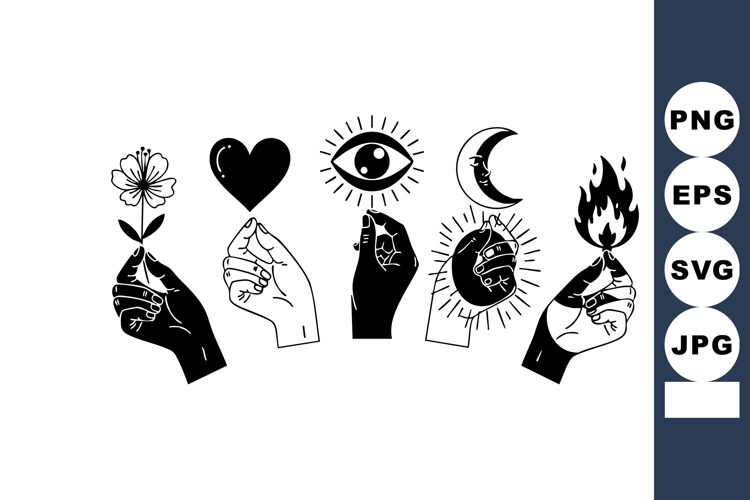 Black hand symbols holding flower heart eye moon and fire in