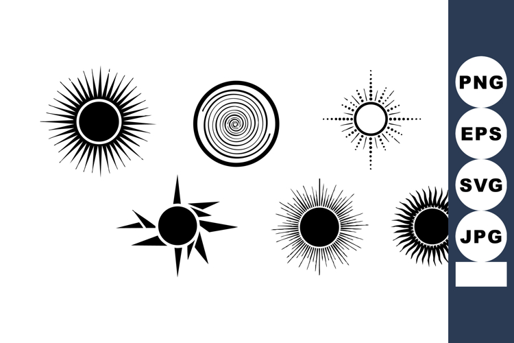 Set of six black sun icons with various rays and circular de