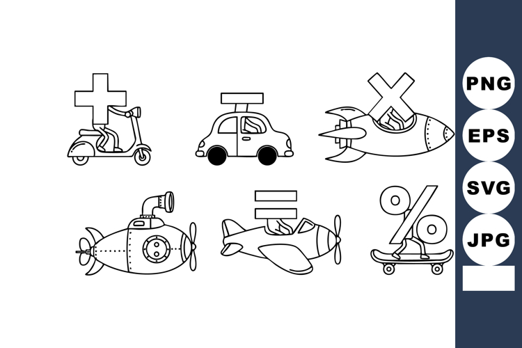 Transportation icons with mathematical symbols vector set of