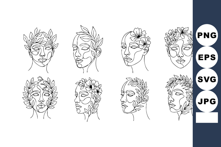 Abstract line art faces with floral elements and botanical d
