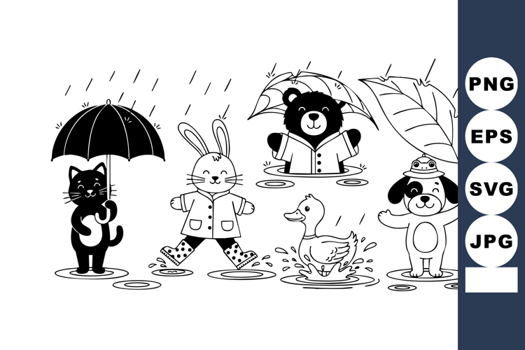 Cute animals holding umbrellas and wearing raincoats in rain