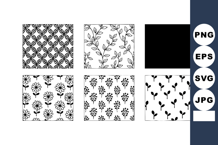 six black and white floral seamless vector patterns