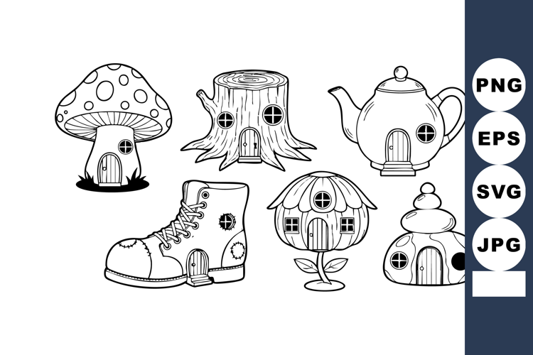 Fairy tale style mushroom tree stump teapot boot and hut vec