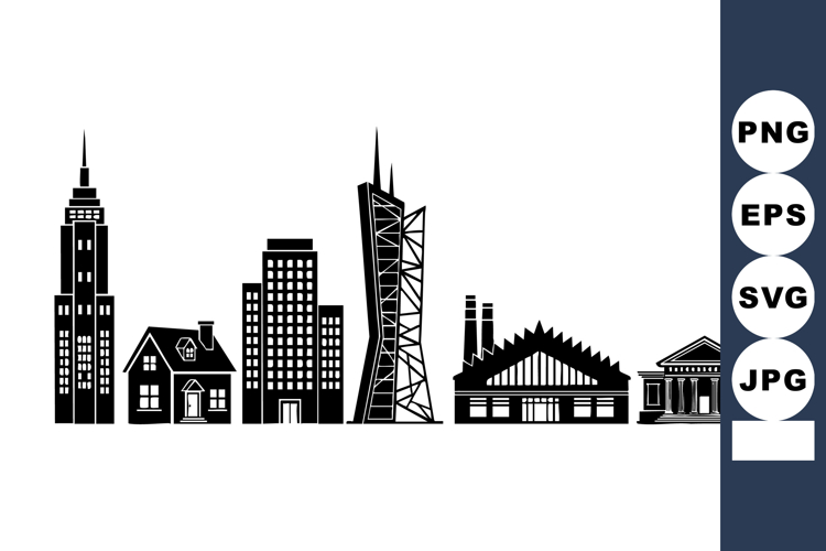 City skyline with diverse buildings and architectural styles