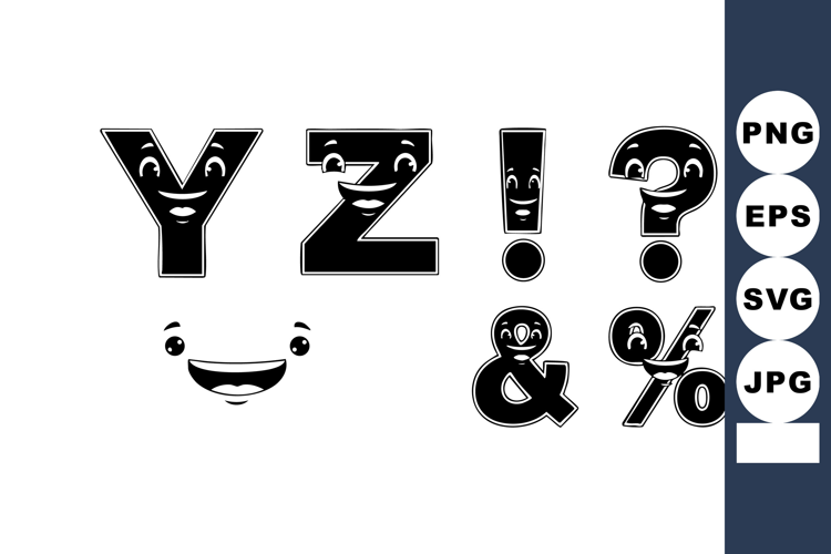 Playful black and white punctuation marks with animated face