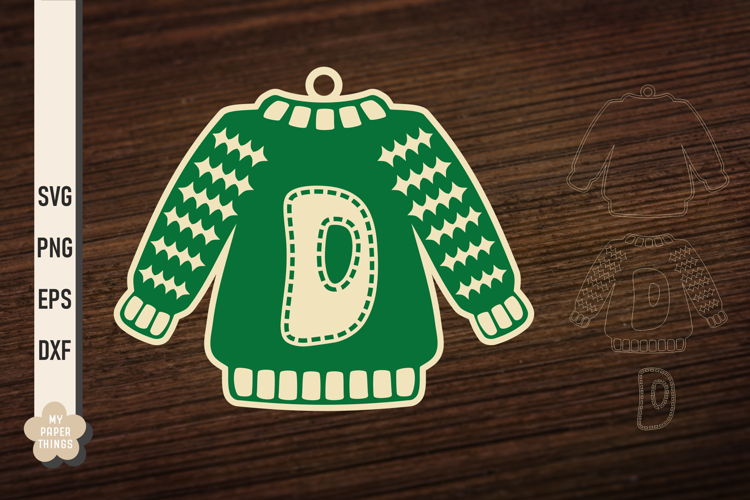 Ugly Christmas Sweater Ornament D SVG, Monogram Letters Svg