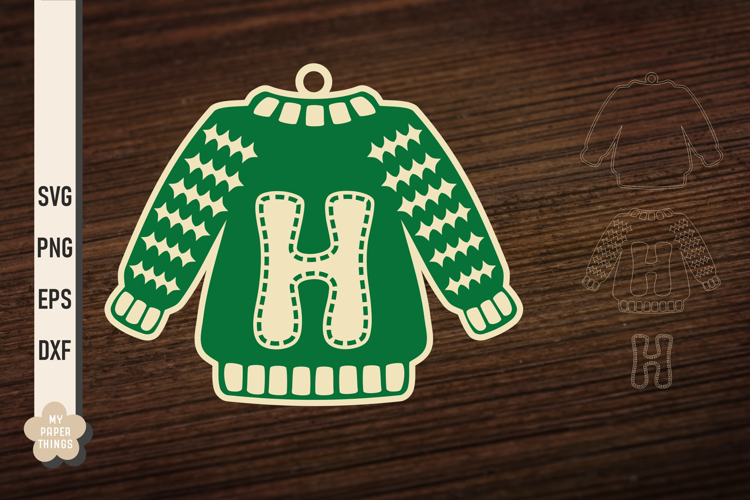 Ugly Christmas Sweater Ornament H SVG, Monogram Letters Svg