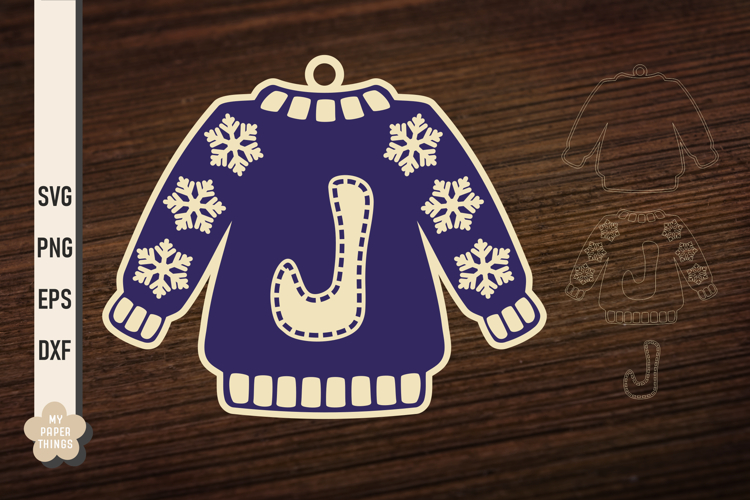Ugly Christmas Sweater Ornament J SVG, Monogram Letters Svg