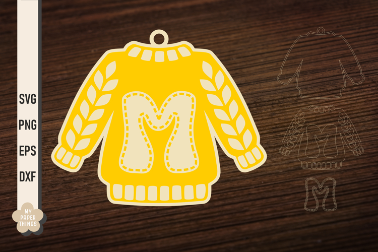 Ugly Christmas Sweater Ornament M SVG, Monogram Letters Svg