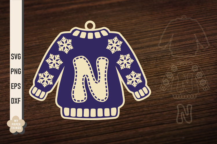 Ugly Christmas Sweater Ornament N SVG, Monogram Letters Svg