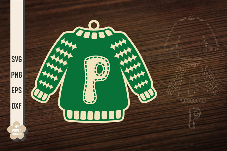 Ugly Christmas Sweater Ornament P SVG, Monogram Letters Svg