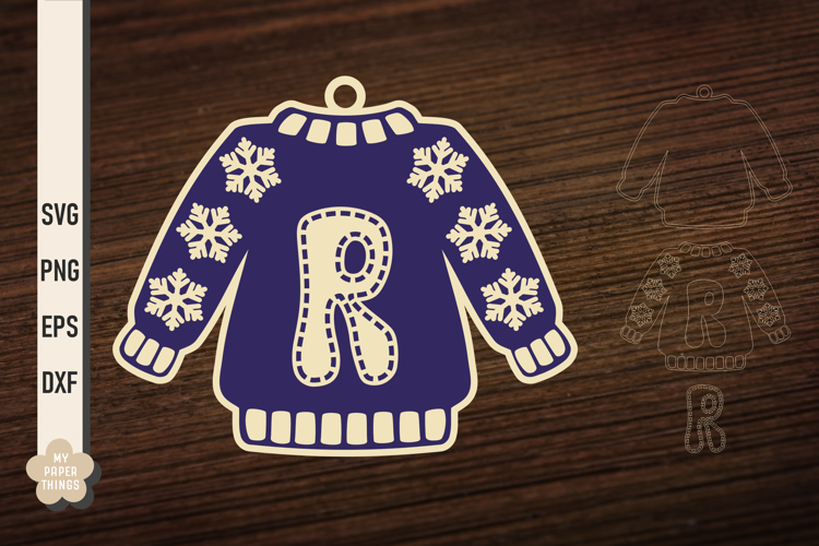 Ugly Christmas Sweater Ornament R SVG, Monogram Letters Svg