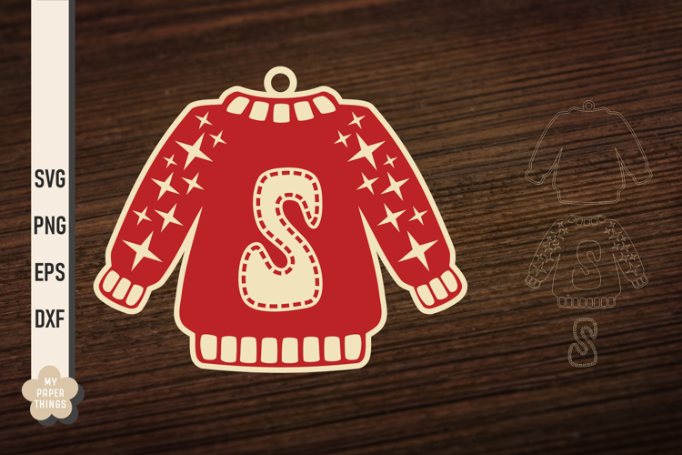 Ugly Christmas Sweater Ornament S SVG, Monogram Letters Svg