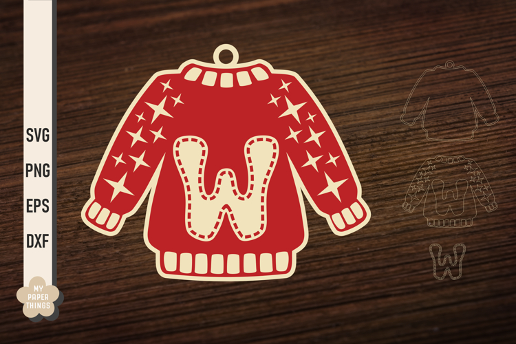 Ugly Christmas Sweater Ornament W SVG, Monogram Letters Svg