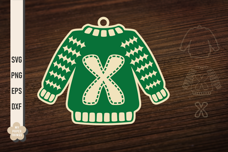Ugly Christmas Sweater Ornament X SVG, Monogram Letters Svg