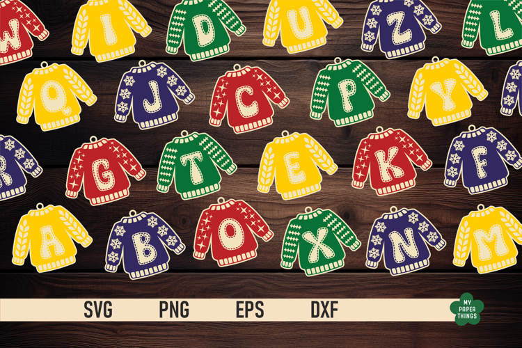 Ugly Christmas Sweater Ornaments SVG, Monogram Letters Svg
