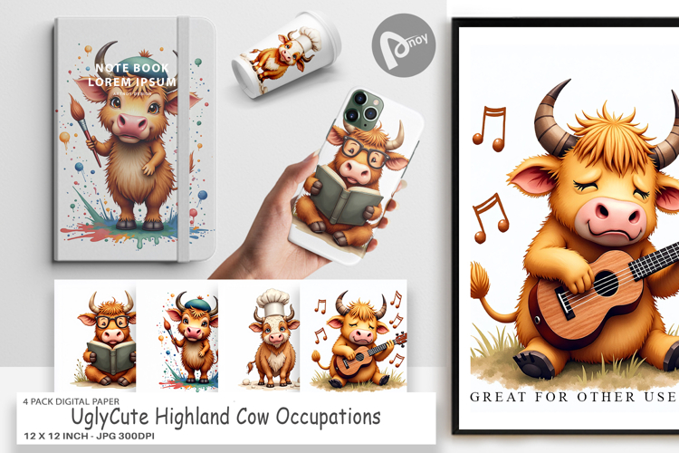 Highland Cow Occupations Digital Paper