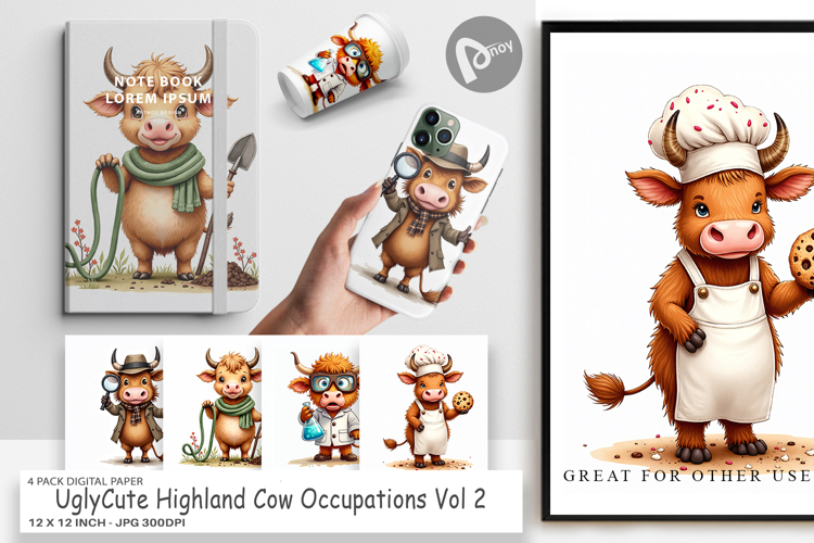 Highland Cow Occupations Digital Paper