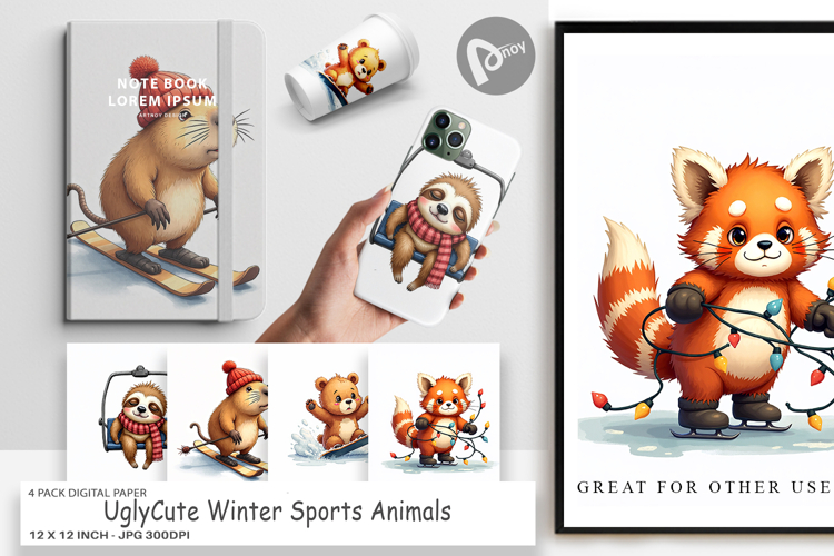 Winter Sports Animals Digital Paper