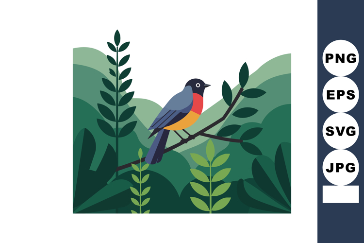 Colorful bird perched on branch with green leafy plants and